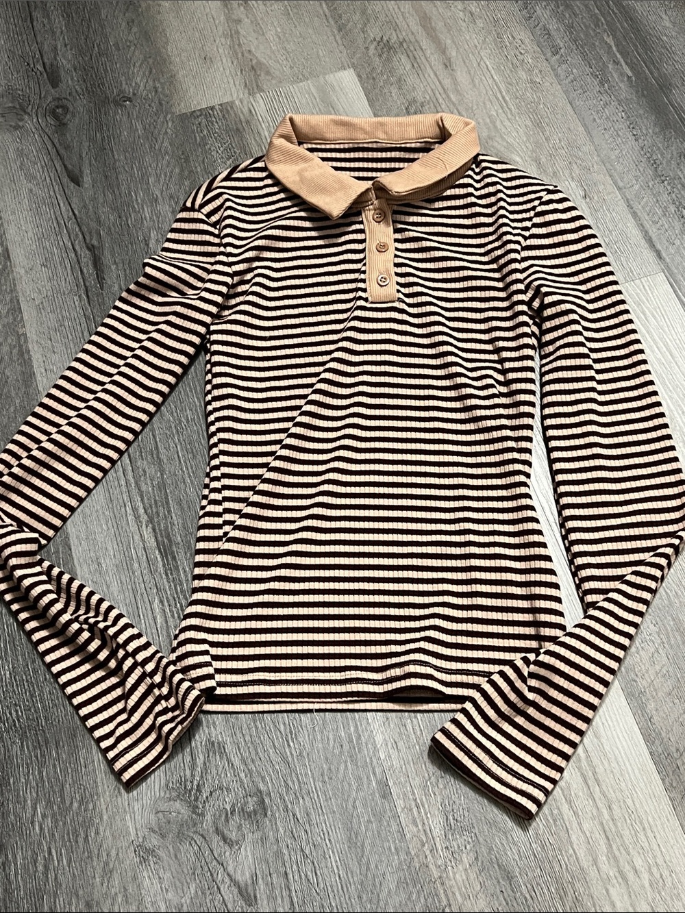 Striped Long-Sleeve Polo Top in Beige and Black